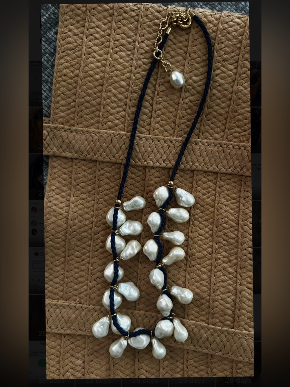 Pearl Drop Rope Necklace with Navy Cord